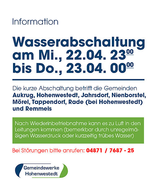 Wasserabschaltung am 22.04.2026